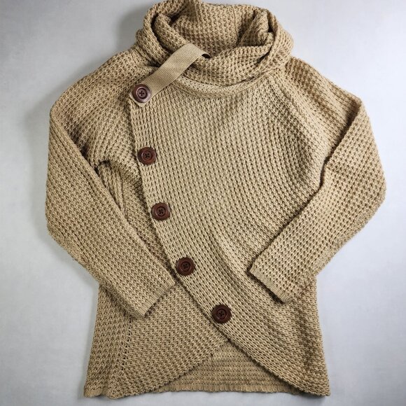 Grecerelle Sweaters - Grecerelle Cowl Neck Women's Small Asymmetric Wrap Sweater Chunky Pullover Tan